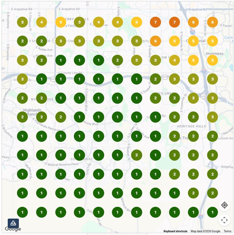 Geo-grid ranking map after the campaign: nearly every point green at position 1 to 3 for wordpress web design