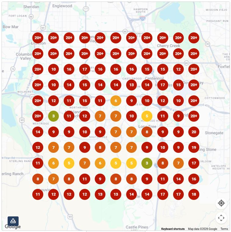 Geo-grid ranking map before the campaign: nearly every point red at position 20 or worse for wordpress web design